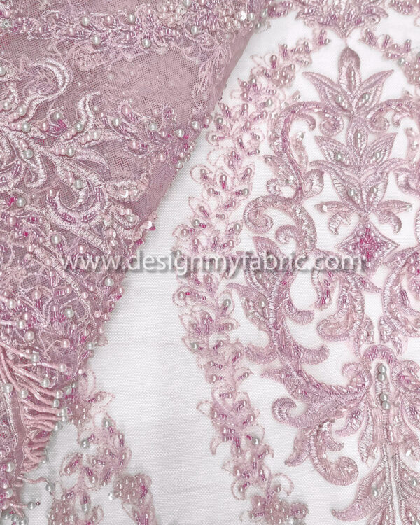 Dusty pink beaded and fringe lace fabric #99056