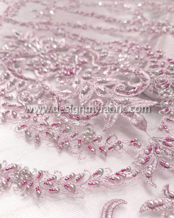 Dusty pink beaded and fringe lace fabric #99056 - Image 7