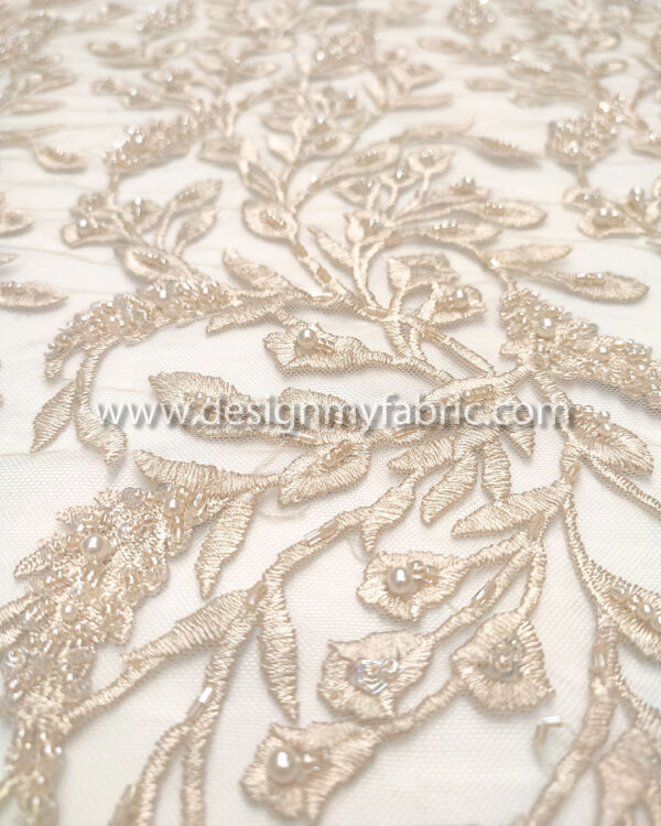 Beige pearls glass beaded lace fabric #99050 - Image 2