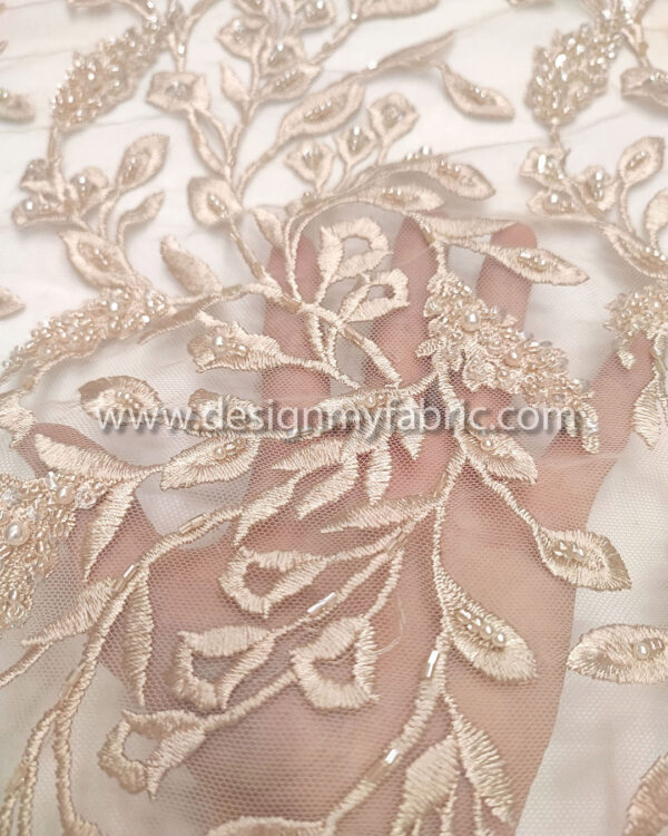 Beige pearls glass beaded lace fabric #99050 - Image 3