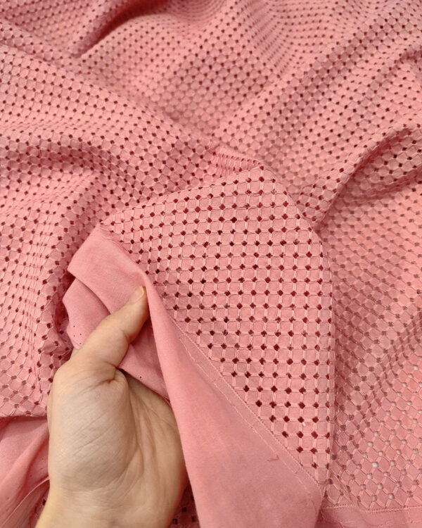 Salmon pink checkered embroidered eyelet fabric #50300 - Image 2