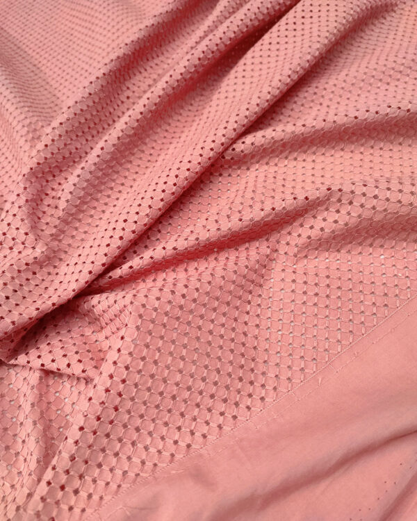 Salmon pink checkered embroidered eyelet fabric #50300