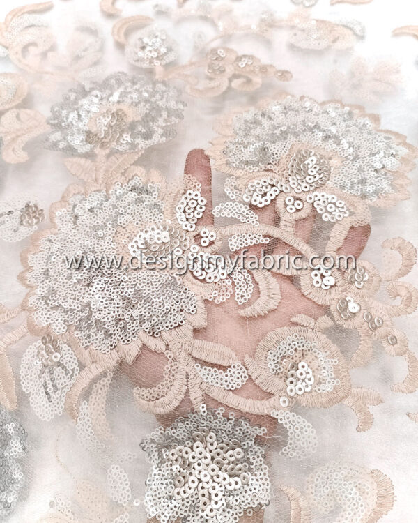 Beige sequined lace fabric #91482 - Image 3