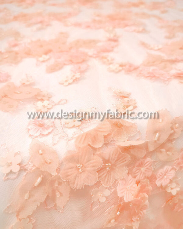 Light apricot lace fabric with 3d flowers #99117 - Image 2