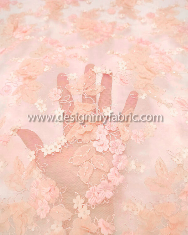 Light apricot lace fabric with 3d flowers #99117 - Image 3