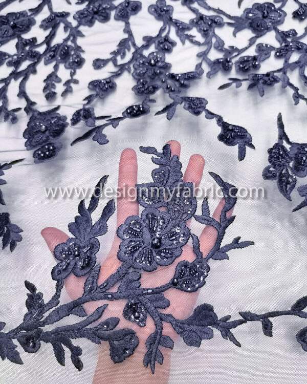 Navy blue pearls lace fabric #99114 - Image 3