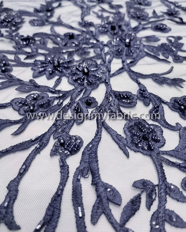 Navy blue pearls lace fabric #99114 - Image 2