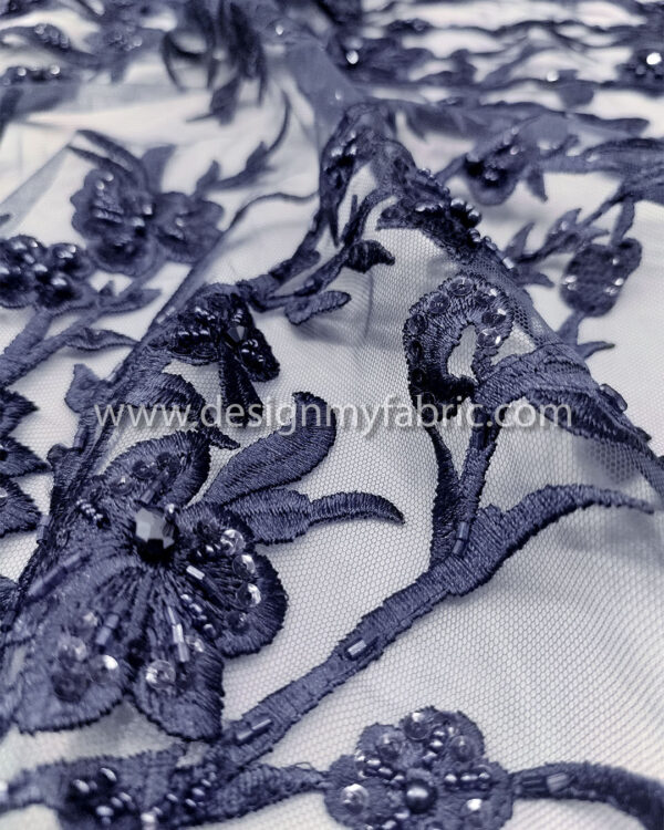 Navy blue pearls lace fabric #99114 - Image 4