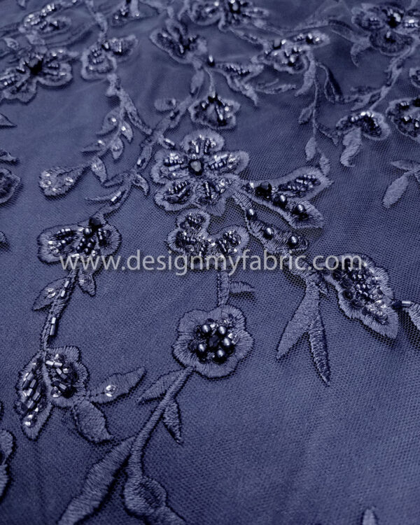 Navy blue pearls lace fabric #99114 - Image 6