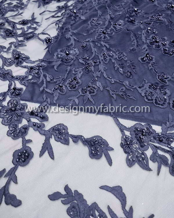 Navy blue pearls lace fabric #99114 - Image 5