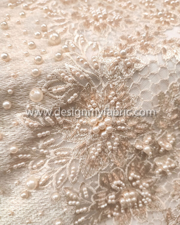 Light apricot color beaded lace fabric #99120 - Image 4