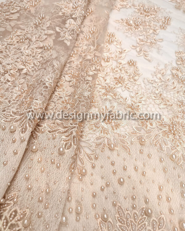 Light apricot color beaded lace fabric #99120