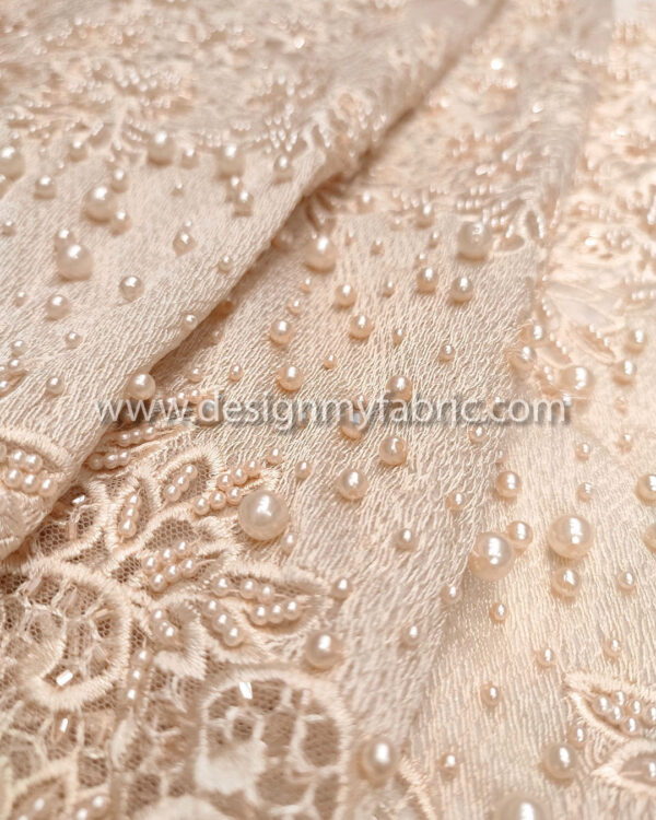 Light apricot color beaded lace fabric #99120 - Image 5