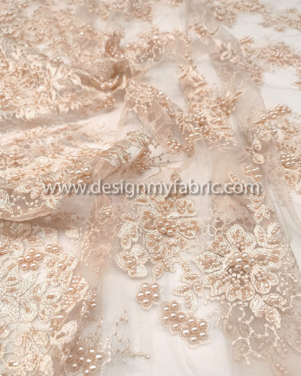 Light apricot color beaded lace fabric #99120 - Image 6