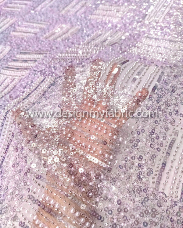 Purple pearls and sequined lace fabric #50738 - Image 3