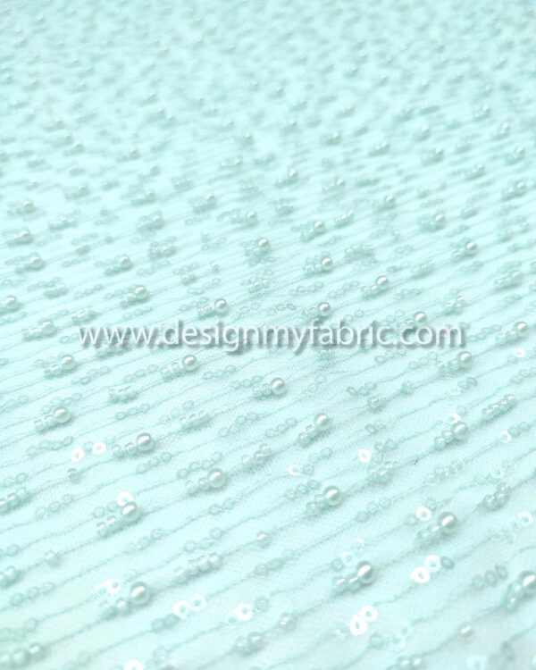 Turquoise pearls lace fabric #50734 - Image 2