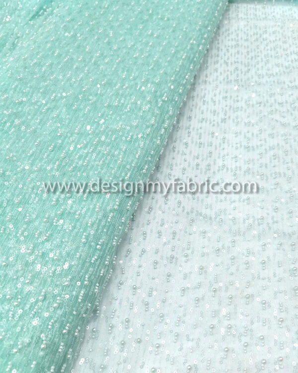 Turquoise pearls lace fabric #50734