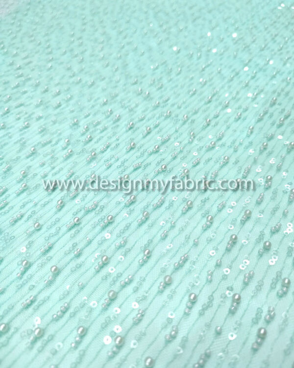 Turquoise pearls lace fabric #50734 - Image 7