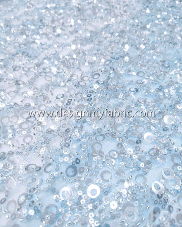 Silver sequined and baby blue lace fabric #51070 - Image 2