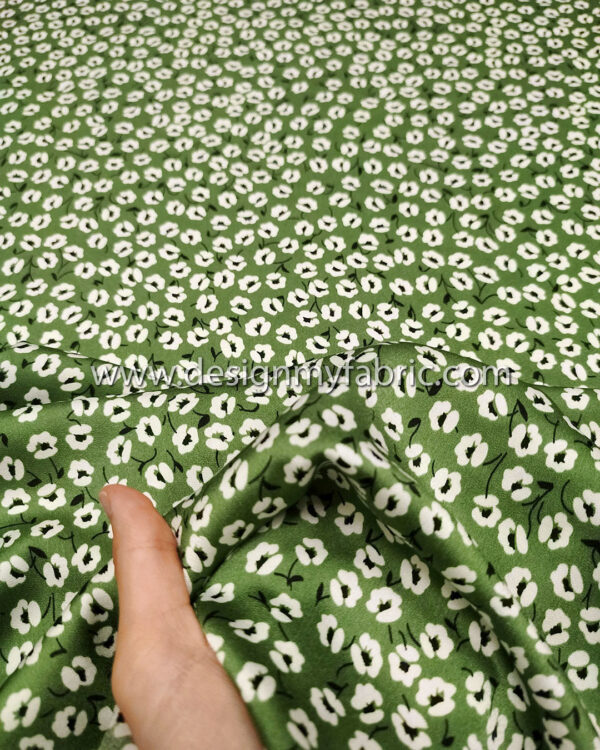 White flower green satin fabric #50830 - Image 2