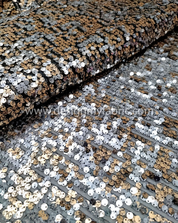 Brown and grey sequined and black lace fabric #91532 - Image 7