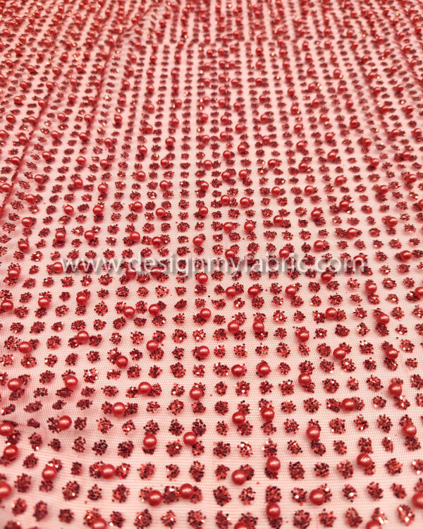 Dark red net glitter and pearls fabric #91976 - Image 2