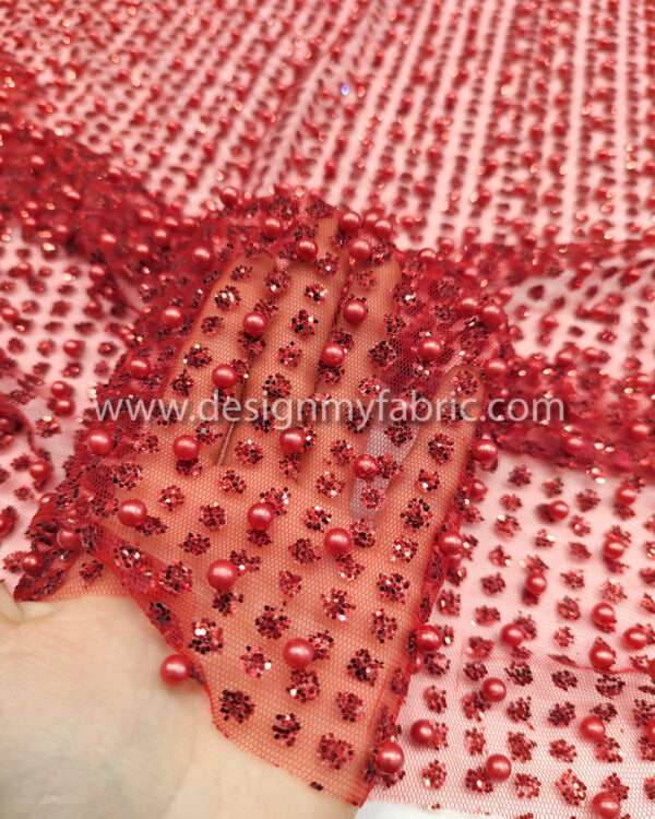 Dark red net glitter and pearls fabric #91976 - Image 3