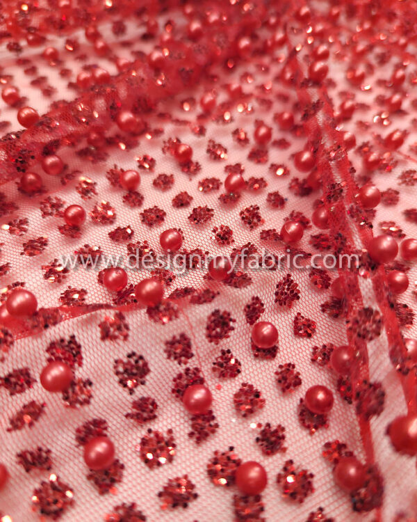 Dark red net glitter and pearls fabric #91976 - Image 4