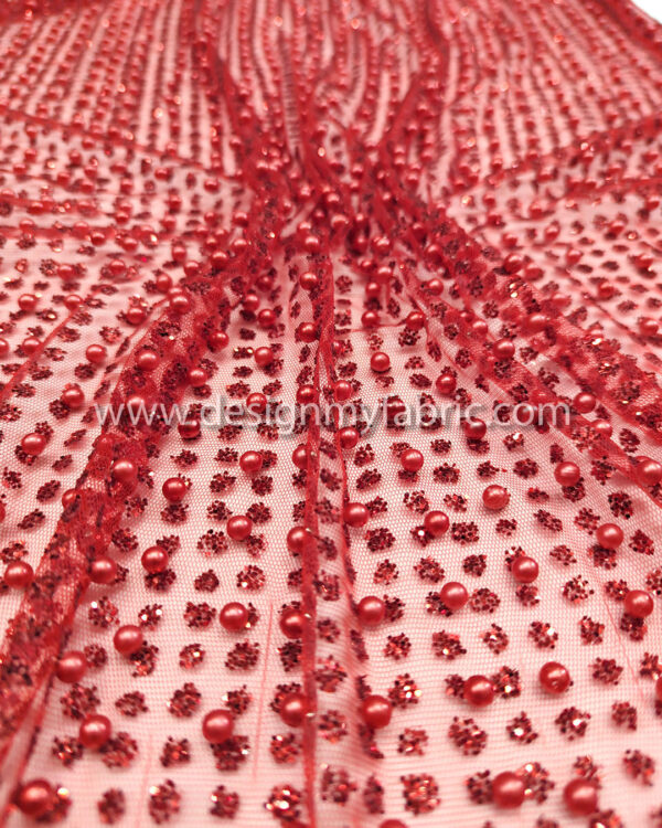 Dark red net glitter and pearls fabric #91976 - Image 6