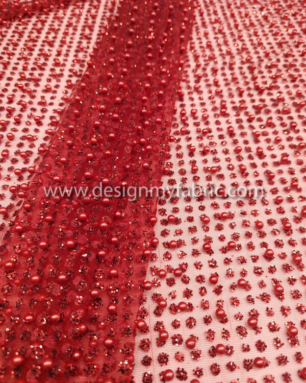 Dark red net glitter and pearls fabric #91976