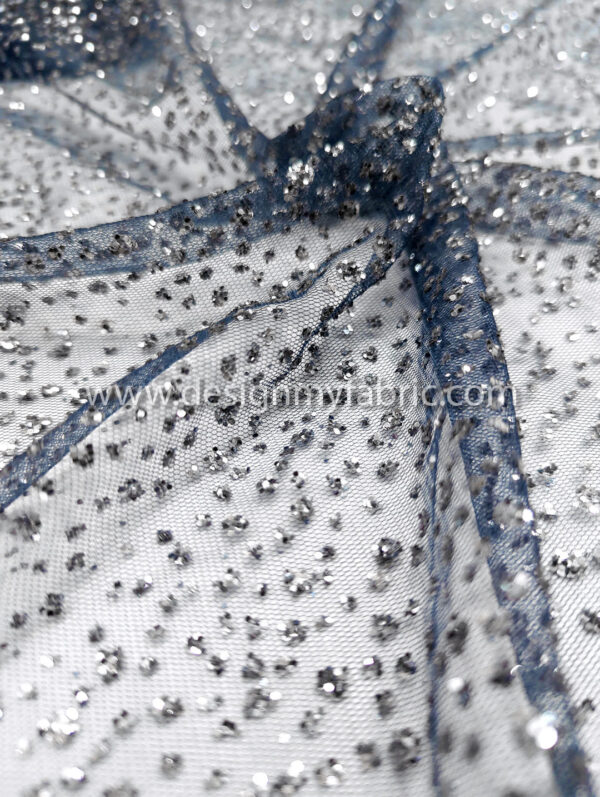 Silver glitter on blue lace fabric #99149 - Image 4