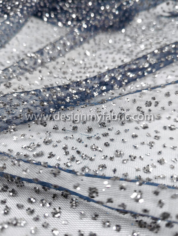 Silver glitter on blue lace fabric #99149 - Image 5