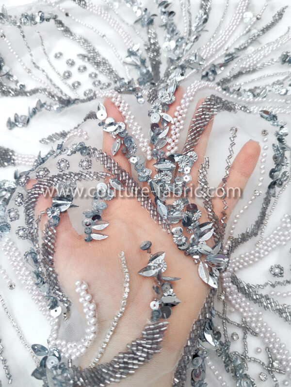 Dusty blue color embroidery couture lace - Image 3