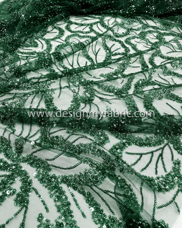 Green pearls and sequined floral lace fabric #50518 - Image 4