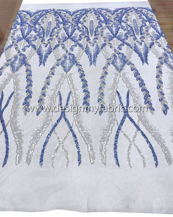 Silver and blue sequined lace fabric with beads #50502 - Image 10