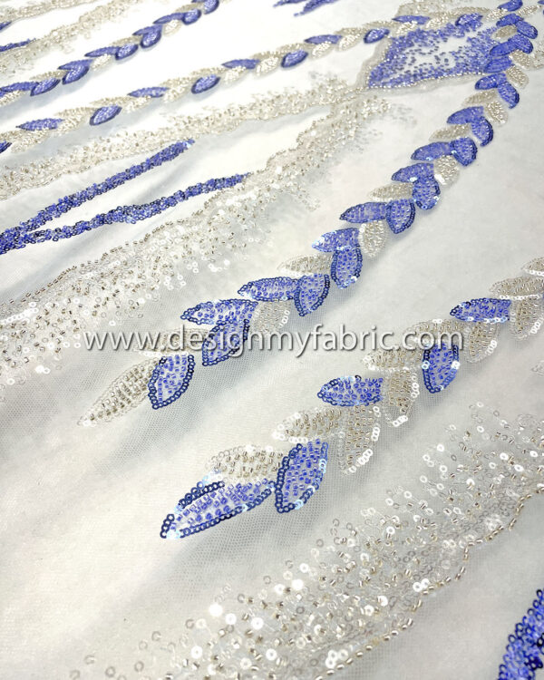 Silver and blue sequined lace fabric with beads #50502 - Image 4