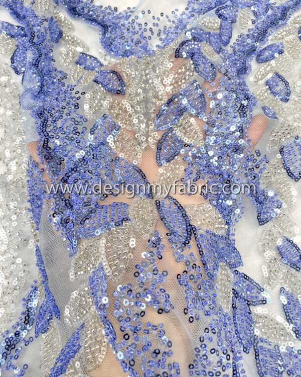 Silver and blue sequined lace fabric with beads #50502 - Image 6