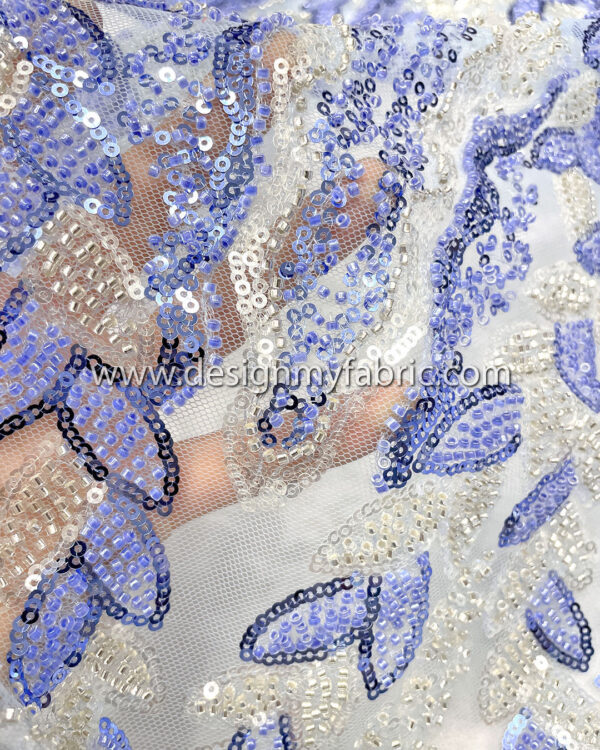 Silver and blue sequined lace fabric with beads #50502 - Image 3