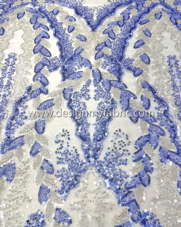 Silver and blue sequined lace fabric with beads #50502 - Image 5