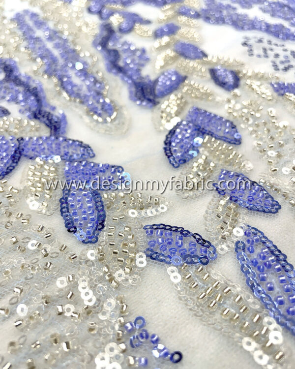 Silver and blue sequined lace fabric with beads #50502 - Image 2