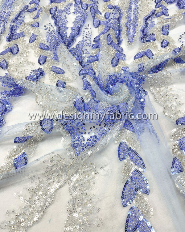 Silver and blue sequined lace fabric with beads #50502 - Image 7