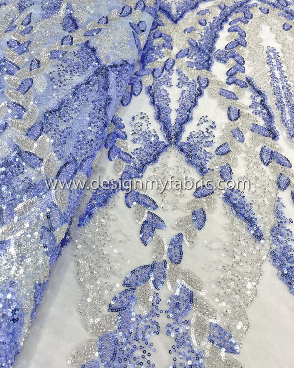 Silver and blue sequined lace fabric with beads #50502