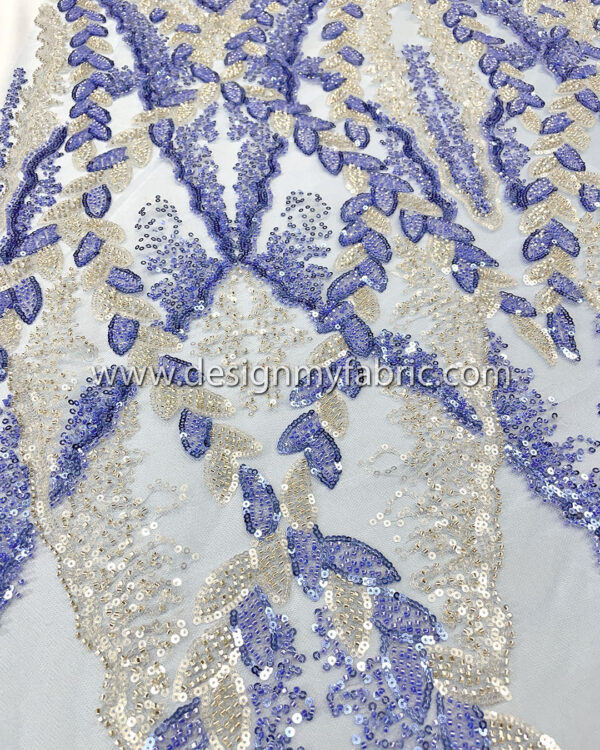 Silver and blue sequined lace fabric with beads #50502 - Image 8