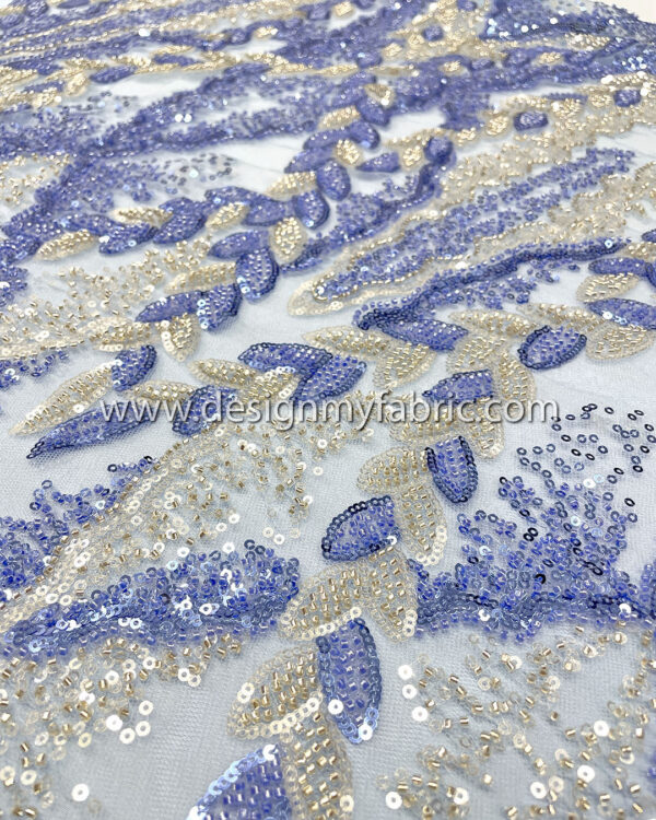 Silver and blue sequined lace fabric with beads #50502 - Image 9