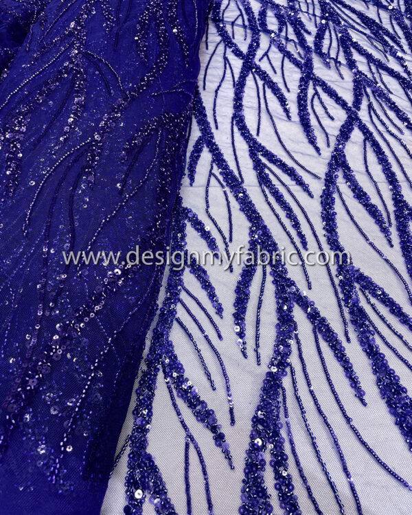 Blue pearls and sequined lace fabric #50520