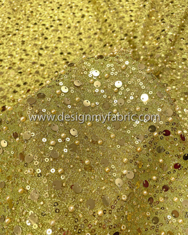 Yellow Green pearls and sequined lace fabric #50526 - Image 3