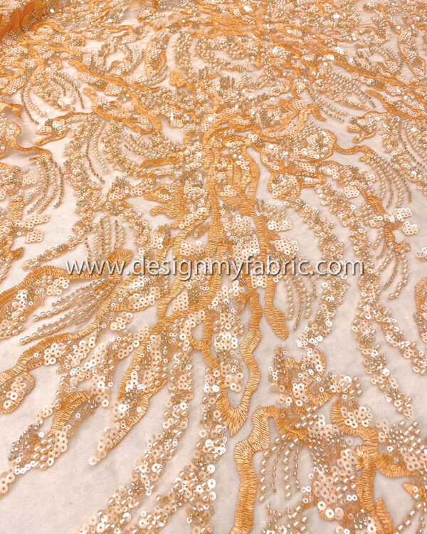 Orange sequined and beaded lace fabric #50505 - Image 4