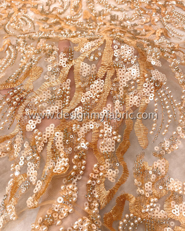 Orange sequined and beaded lace fabric #50505 - Image 3