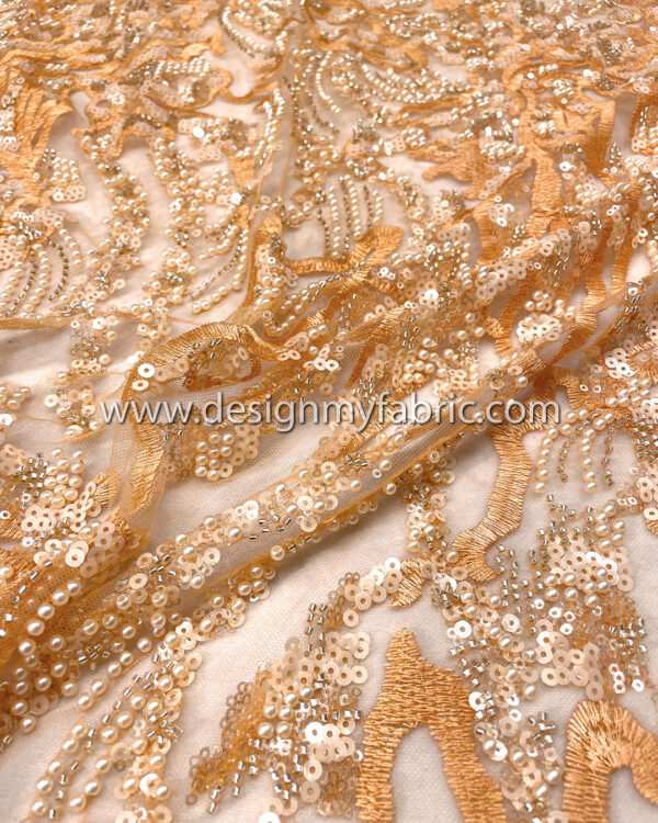 Orange sequined and beaded lace fabric #50505 - Image 5