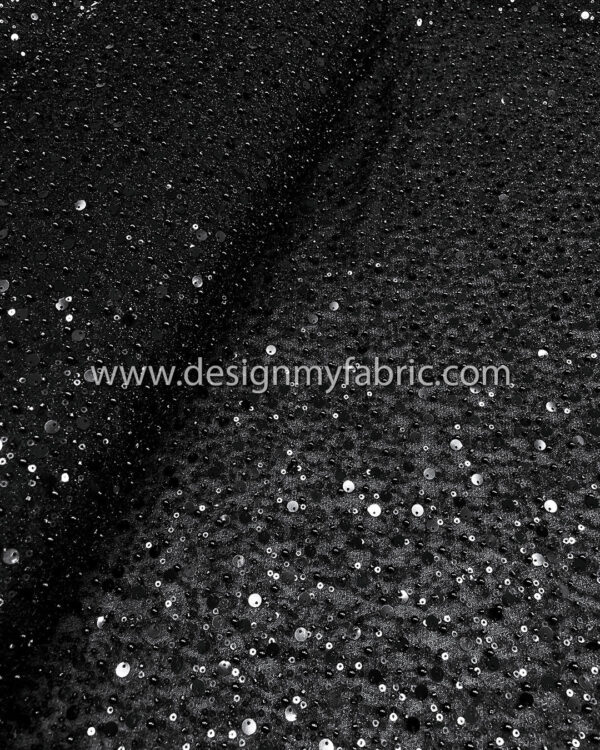 Black pearls and sequined lace fabric #50525